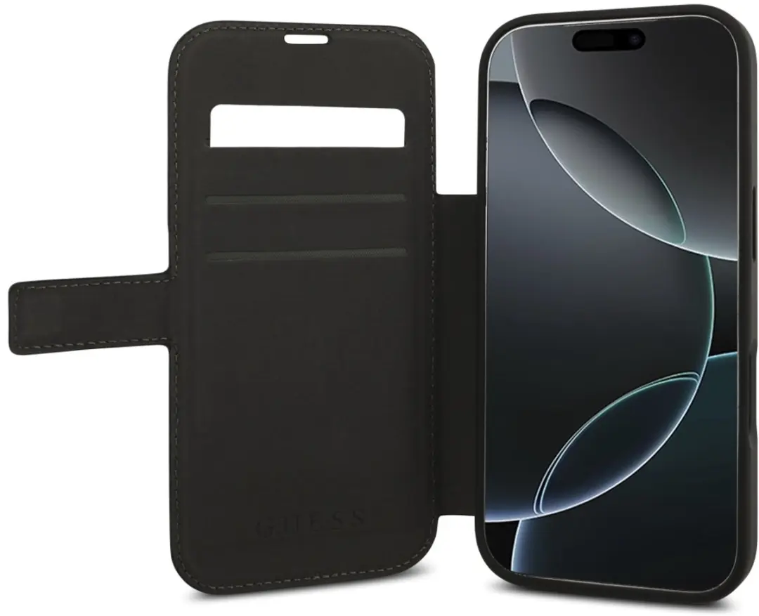 GUESS 4G Big Metal Logo Book Wallet Case - iPhone 17 Pro - 3 Pasjes - Zwart