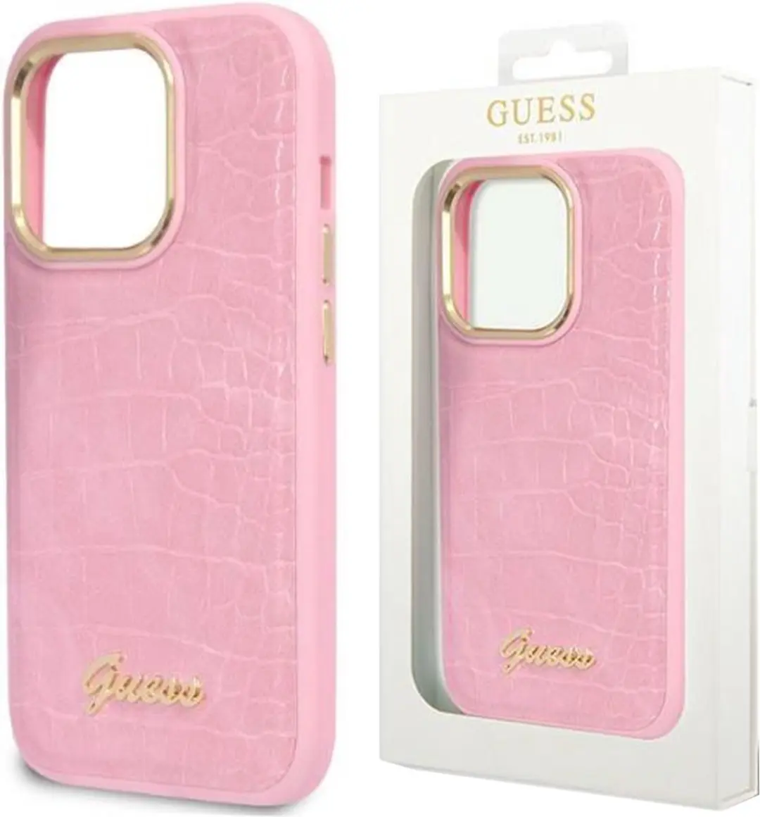GUESS PU Backcover iPhone 14 Hoesje - Roze Croco - 3666339082925