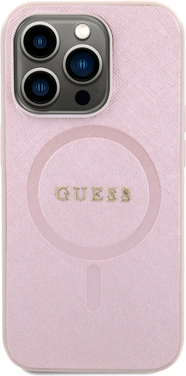 GUESS Saffiano Hoes MagSafe iPhone 15 Pro - Roze