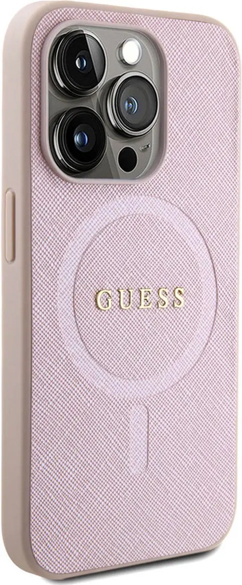 GUESS Saffiano Hoes MagSafe iPhone 15 Pro - Roze
