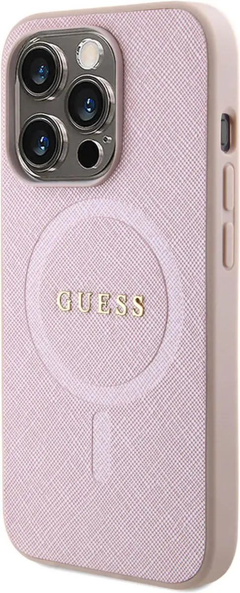 GUESS Saffiano Hoes MagSafe iPhone 15 Pro - Roze