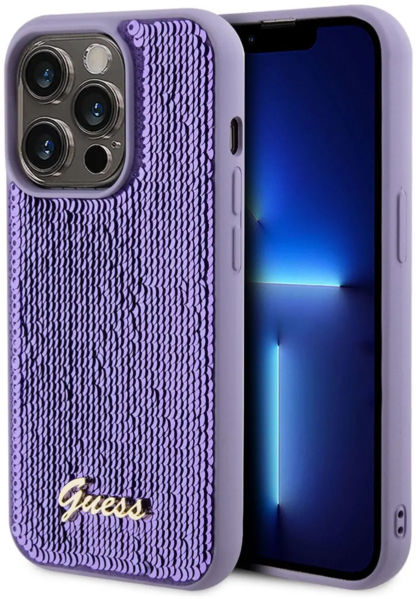 GUESS Sequins Script Logo Hoesje iPhone 15 Pro Max - Paars GUHCP15XPSFDGSU