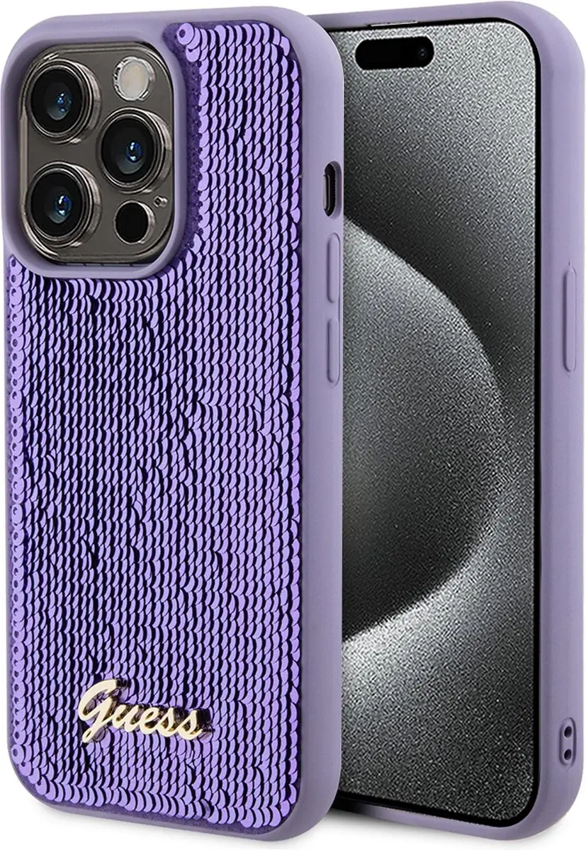 GUESS Sequins Script Logo Hoesje iPhone 15 Pro Max - Paars GUHCP15XPSFDGSU
