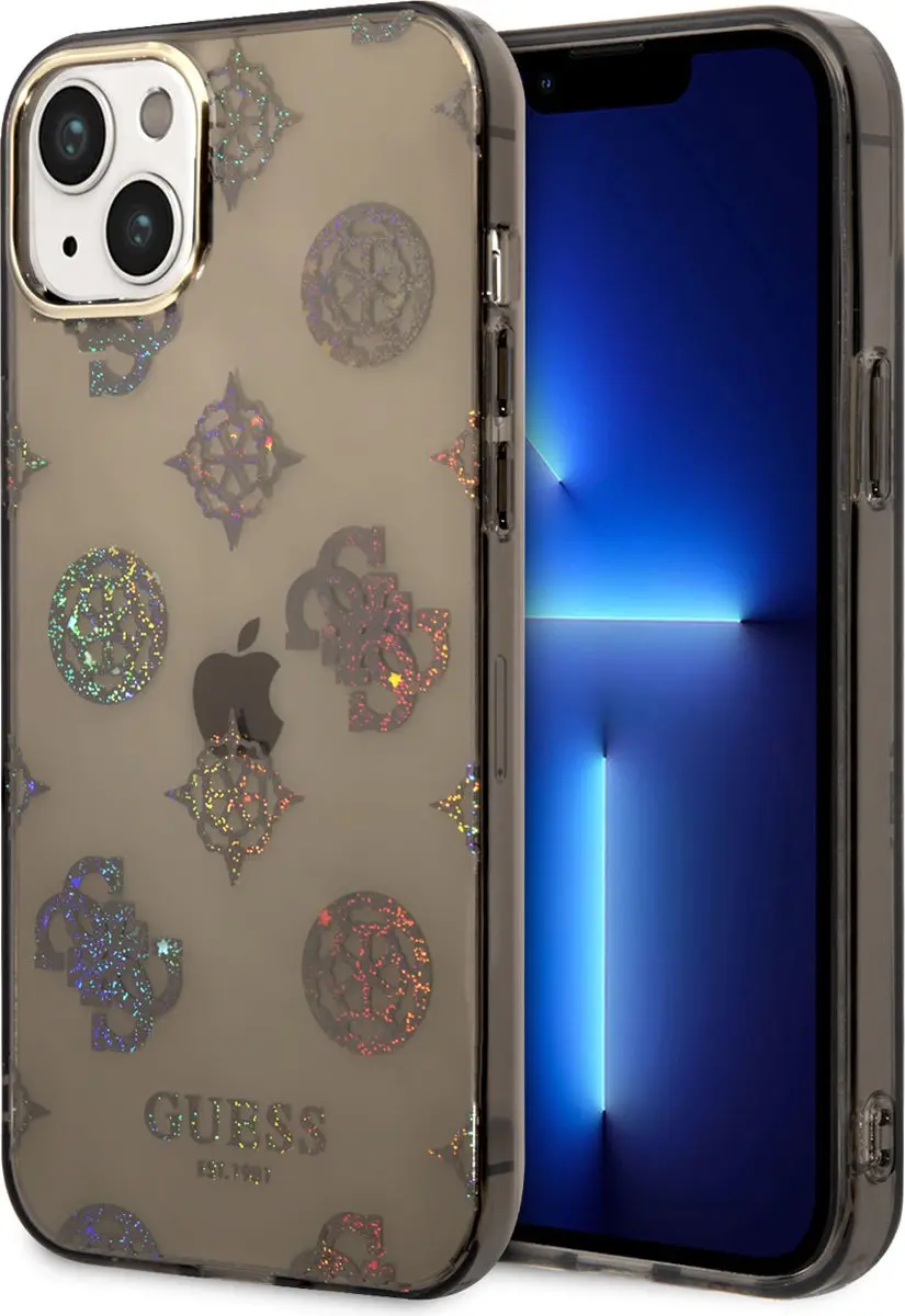 GUESS 4G Peony Glitter Back Case iPhone 14 Plus - Zwart