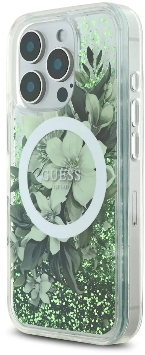 GUESS iPhone 16 Pro Backcover - MagSafe - Groene Glitter Bloemenprint