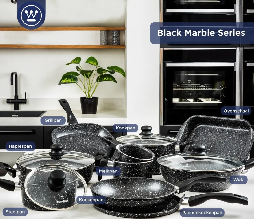 Westinghouse 3-delige Pannenset - Zwart Marmer - 3 Stuks
