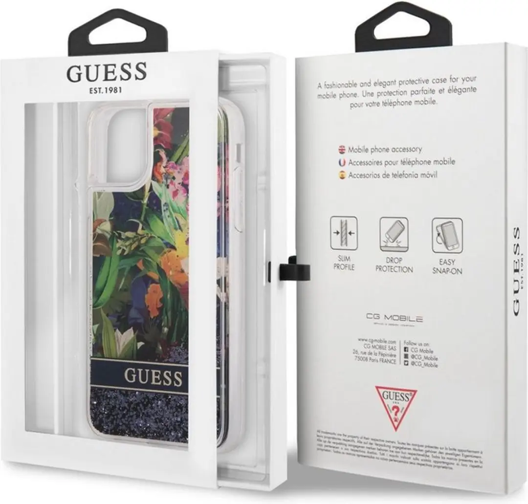 Guess Flower Liquid Glitter Hoesje - iPhone 11 - Blauw