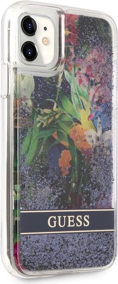 Guess Flower Liquid Glitter Hoesje - iPhone 11 - Blauw