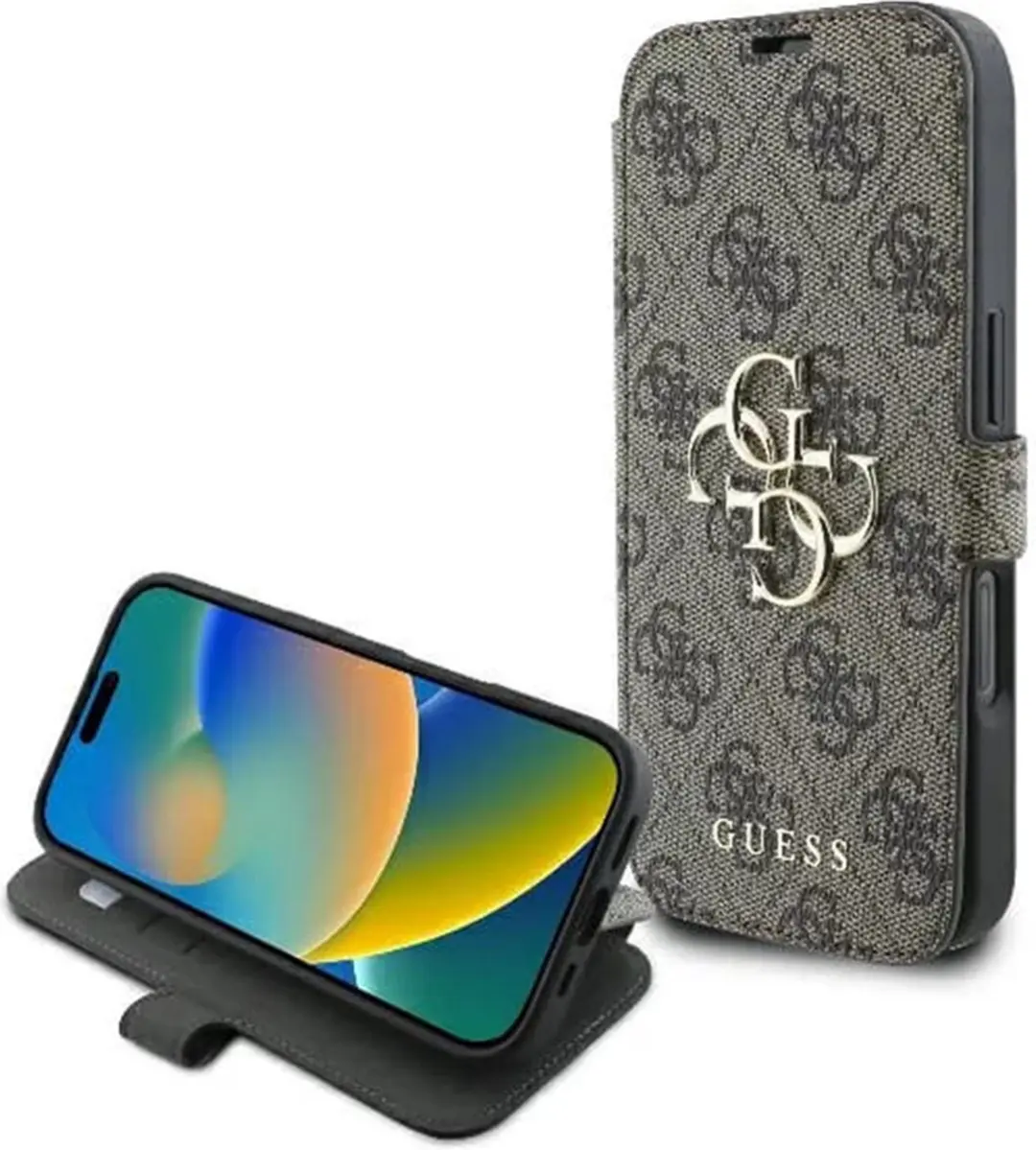 GUESS 4G Big Metal Logo Book Wallet Case - iPhone 16 Plus - Bruin