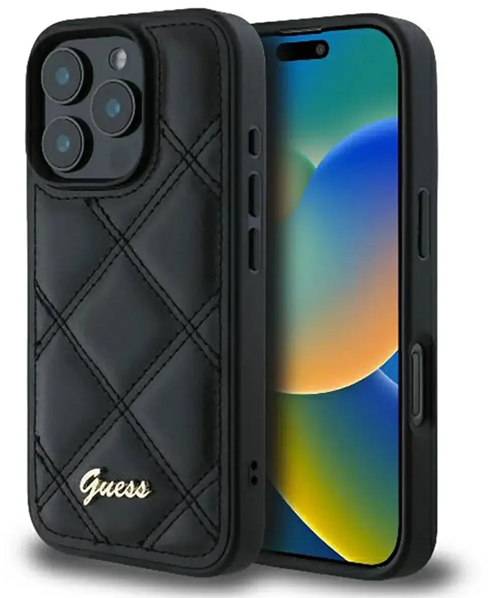 Guess Quilted Puffed Metal Logo Hoesje iPhone 16 Pro Max 12054 - Zwart