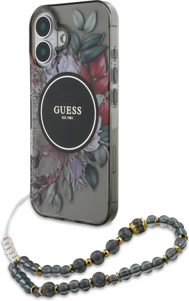 GUESS IML Flowers Case MagSafe iPhone 16 - Zwart