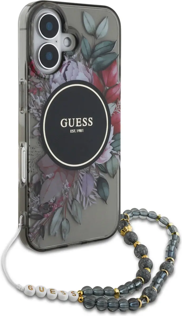 GUESS IML Flowers Case MagSafe iPhone 16 - Zwart