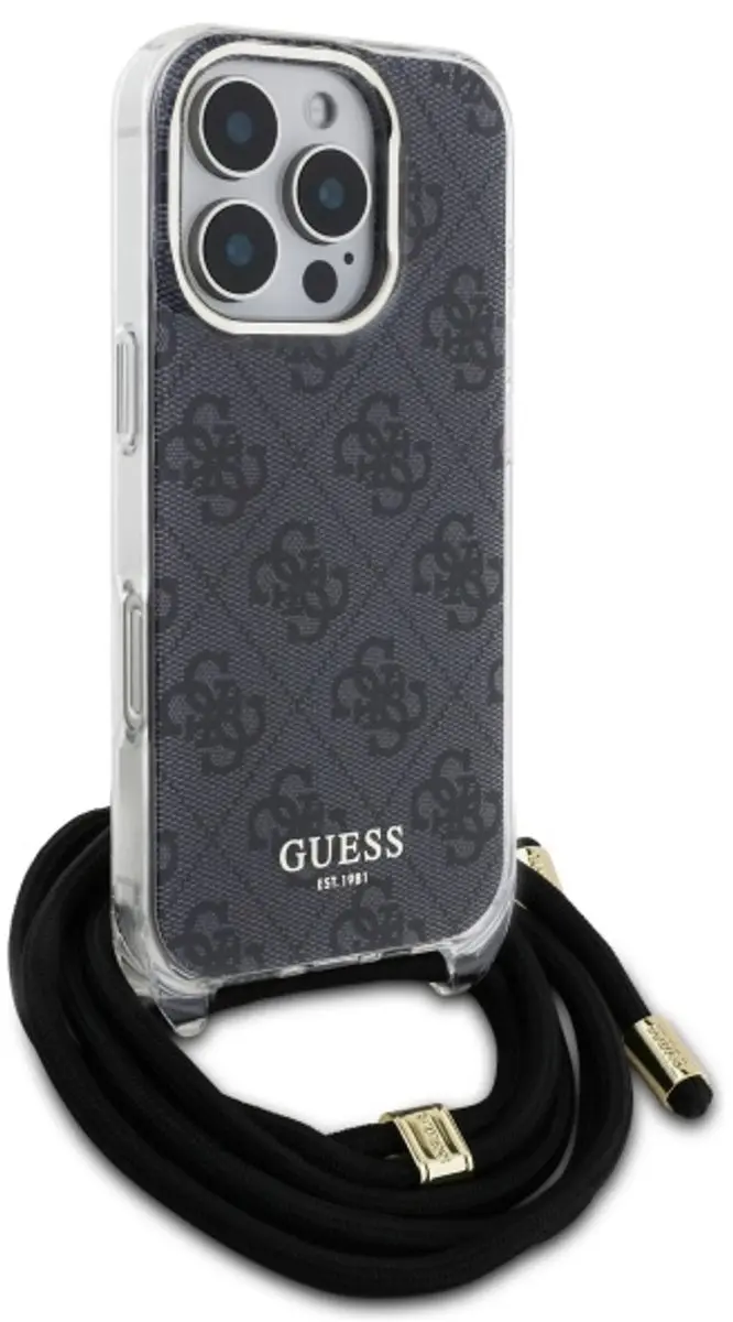 GUESS Hoesje iPhone 16 Pro - Koord & IML 4G Print - Zwart