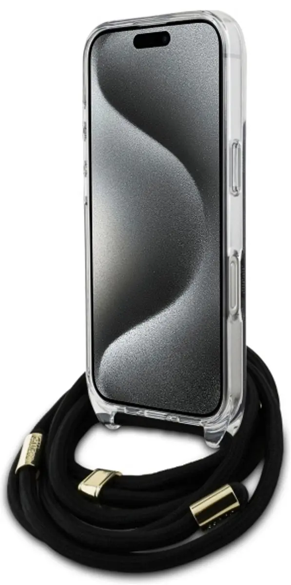 GUESS Hoesje iPhone 16 Pro - Koord & IML 4G Print - Zwart