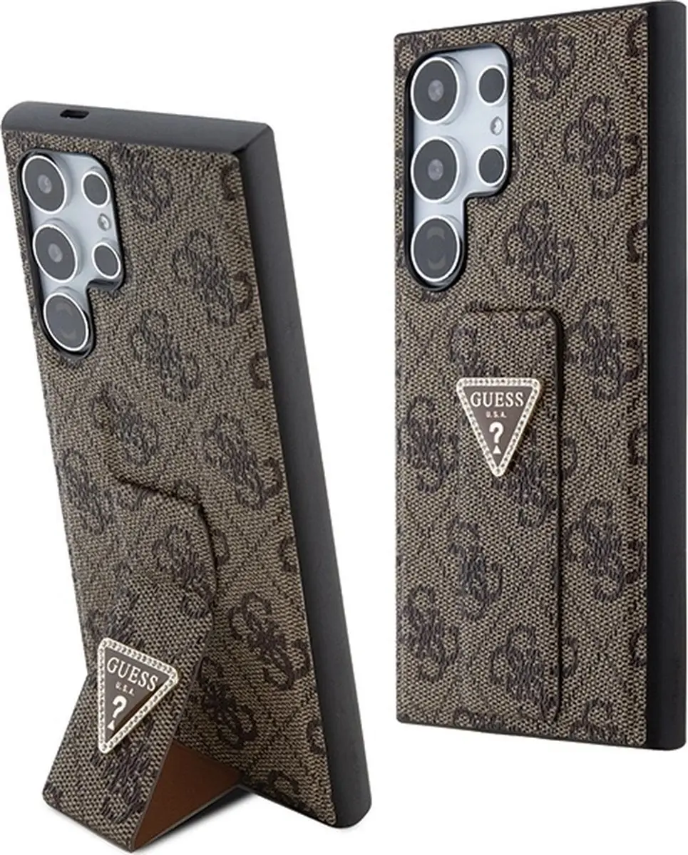 Guess Grip Stand 4G Triangle Strass Hoesje - Samsung Galaxy S24 Ultra - Bruin