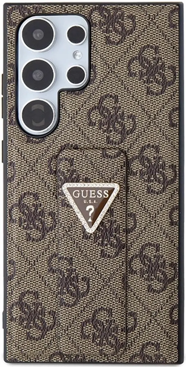 Guess Grip Stand 4G Triangle Strass Hoesje - Samsung Galaxy S24 Ultra - Bruin