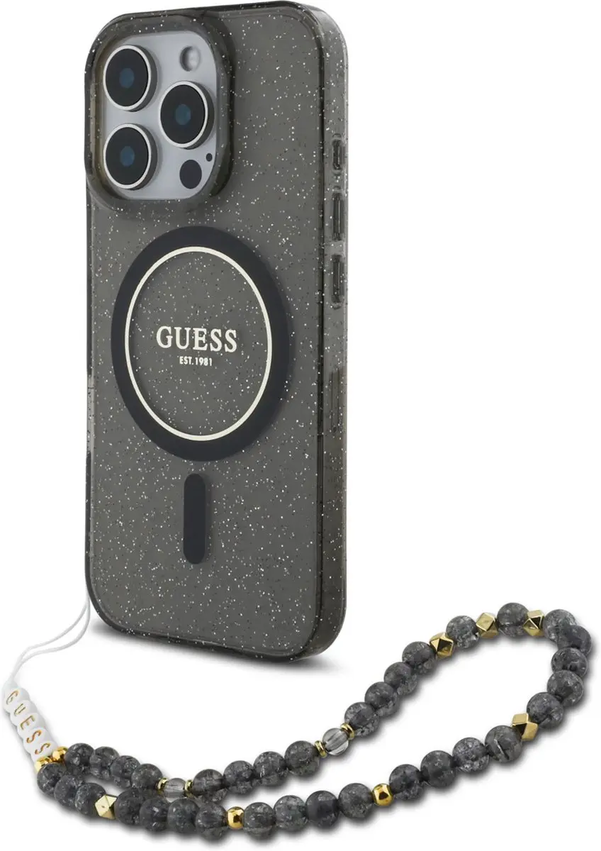 GUESS Backcover iPhone 16 Pro Max - Magsafe Glitter met parels - Zwart GUHMP16XHGCRELSK