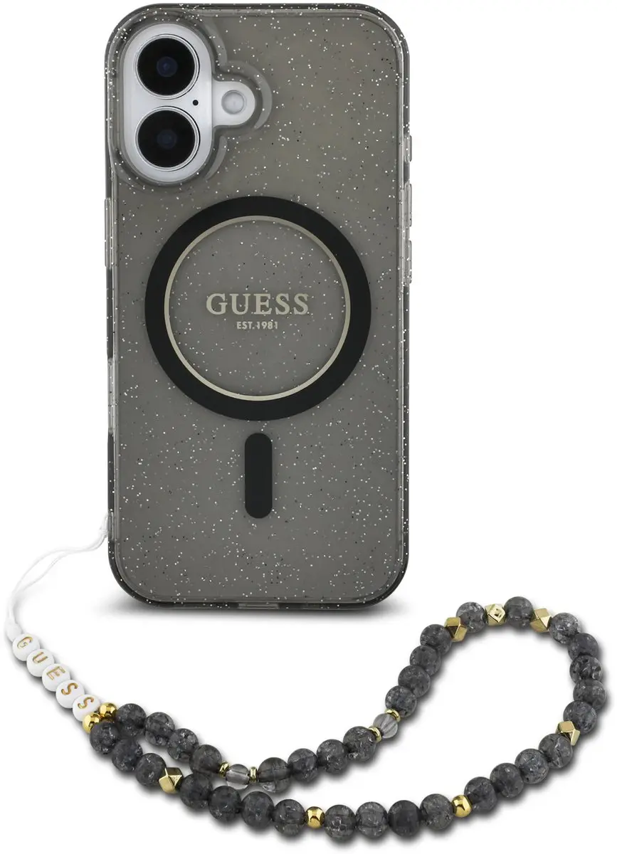 GUESS Backcover iPhone 16 Pro Max - Magsafe Glitter met parels - Zwart GUHMP16XHGCRELSK
