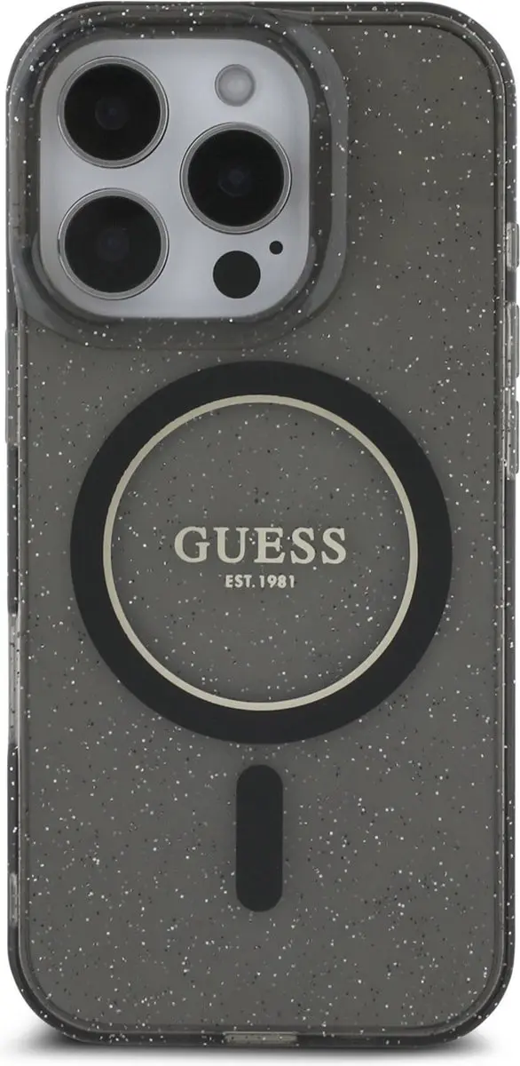 GUESS Backcover iPhone 16 Pro Max - Magsafe Glitter met parels - Zwart GUHMP16XHGCRELSK