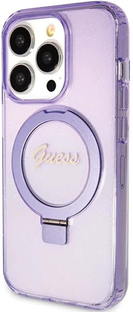 GUESS Ring Glitter Back Case - Paars - MagSafe - iPhone 15 Pro