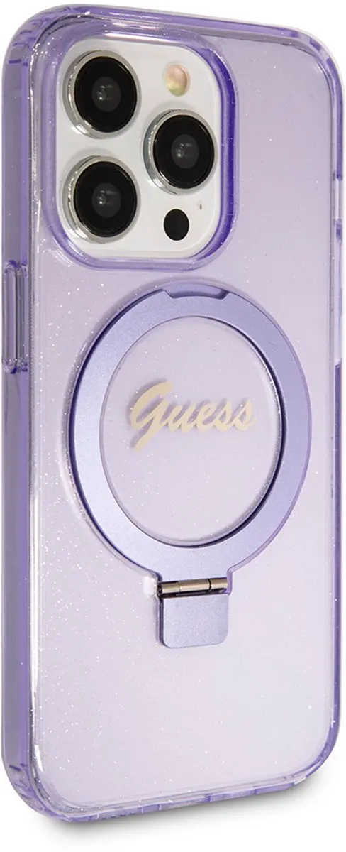GUESS Ring Glitter Back Case - Paars - MagSafe - iPhone 15 Pro