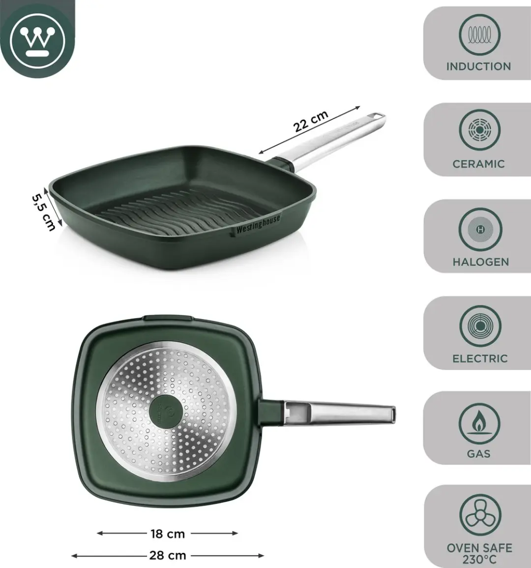 Westinghouse Performance Grillpan Ø28cm - Inductie - Groen
