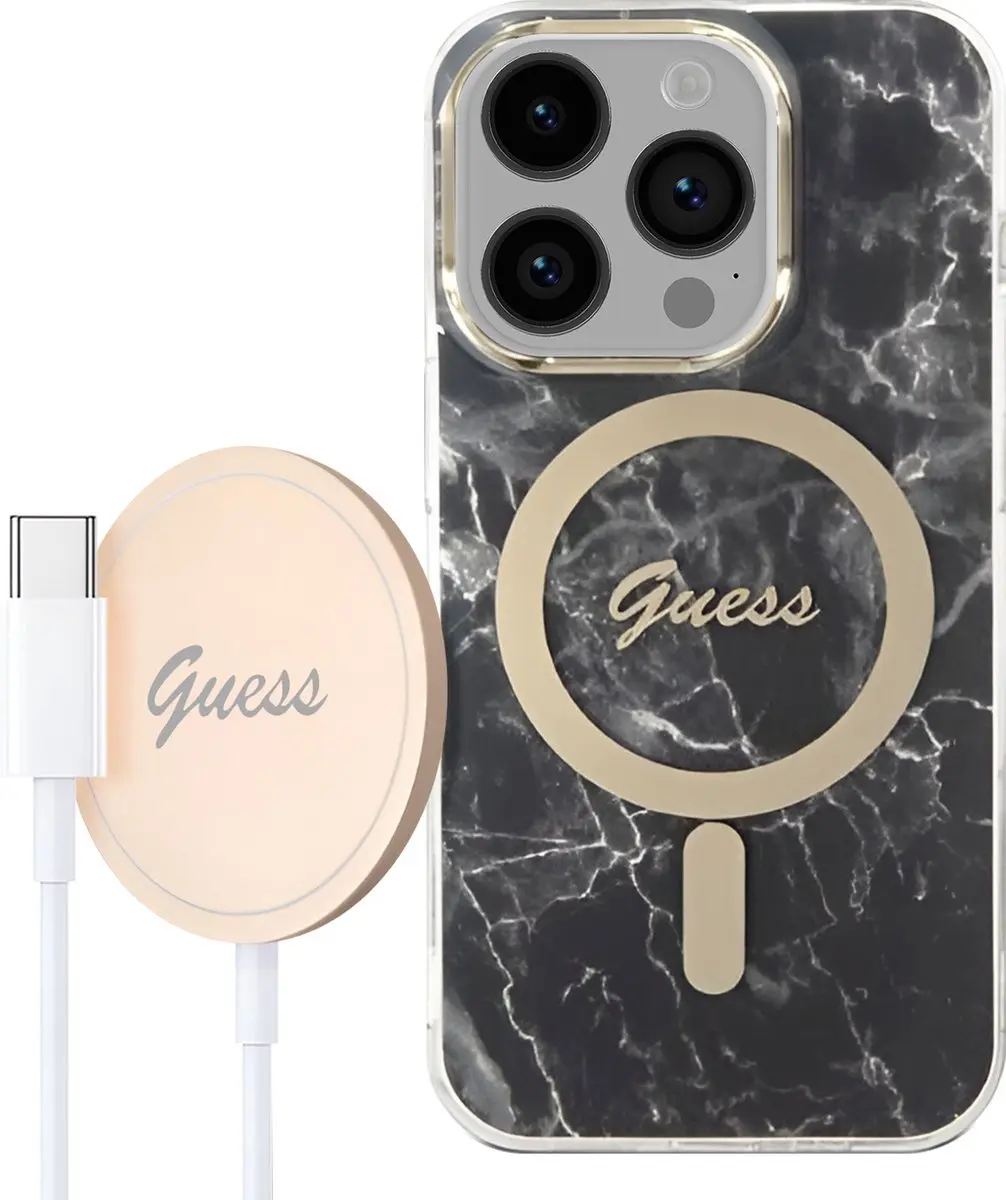 GUESS Hoes iPhone 14 Pro Max Marmer - Qi Magsafe - Zwart