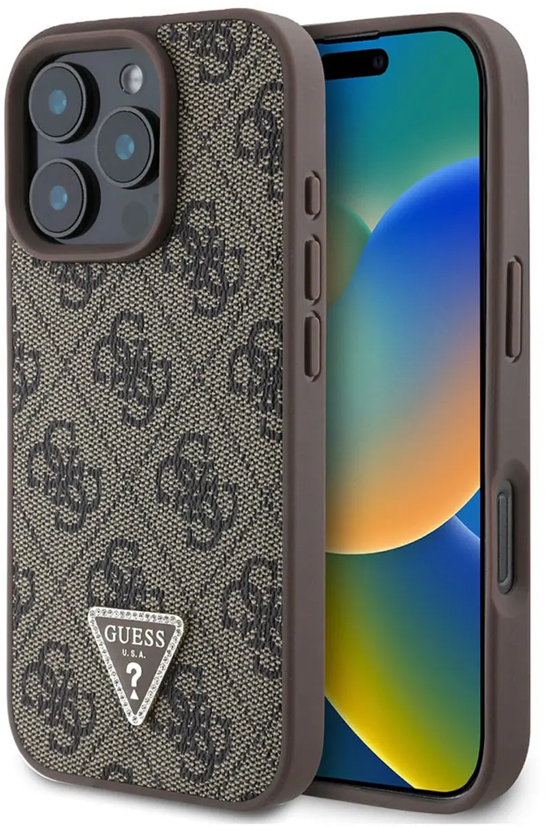 GUESS Hoesje iPhone 16 Pro Max - Bruin Strass Triangle Métallisé