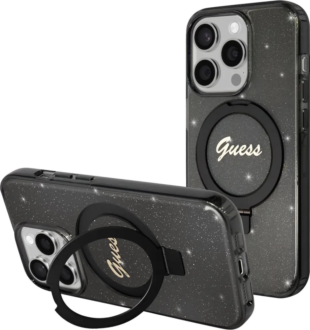GUESS Ring Glitter Back Case MagSafe - iPhone 15 Pro Max - Zwart