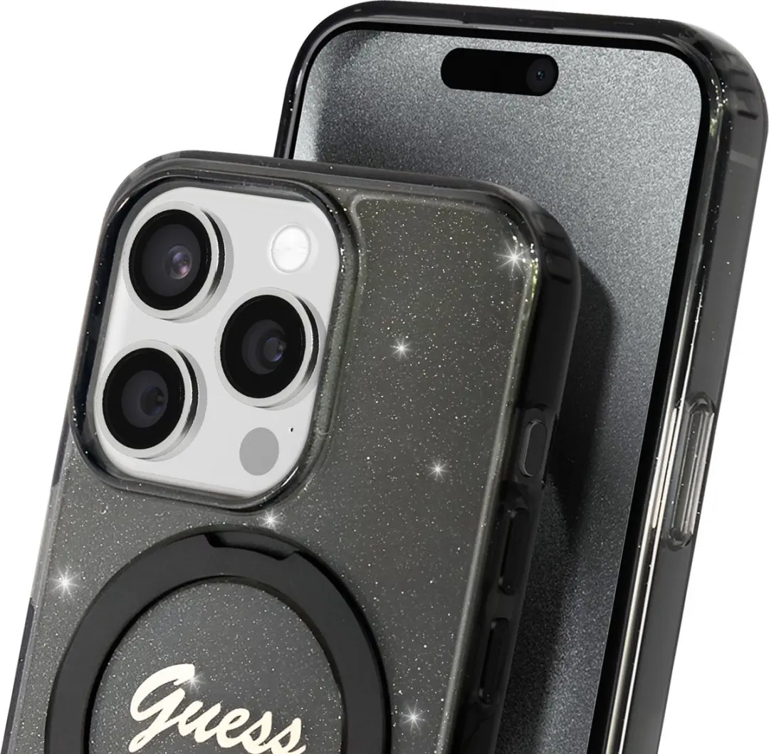 GUESS Ring Glitter Back Case MagSafe - iPhone 15 Pro Max - Zwart