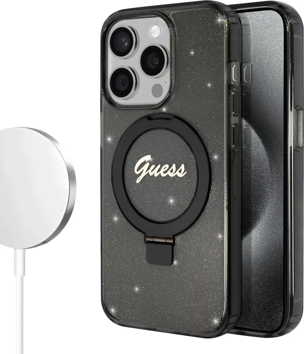 GUESS Ring Glitter Back Case MagSafe - iPhone 15 Pro Max - Zwart