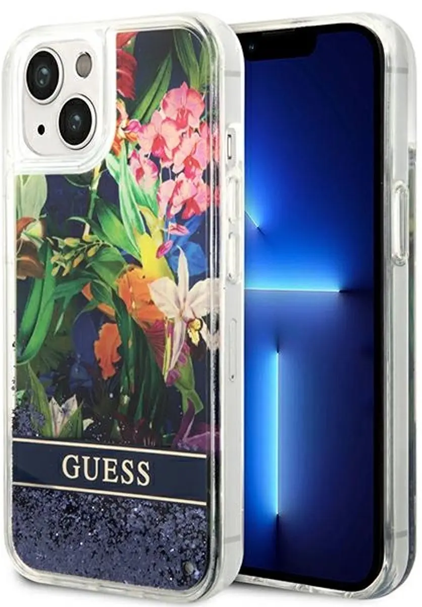 GUESS Flower Liquid Glitter iPhone 14 Plus Hoesje