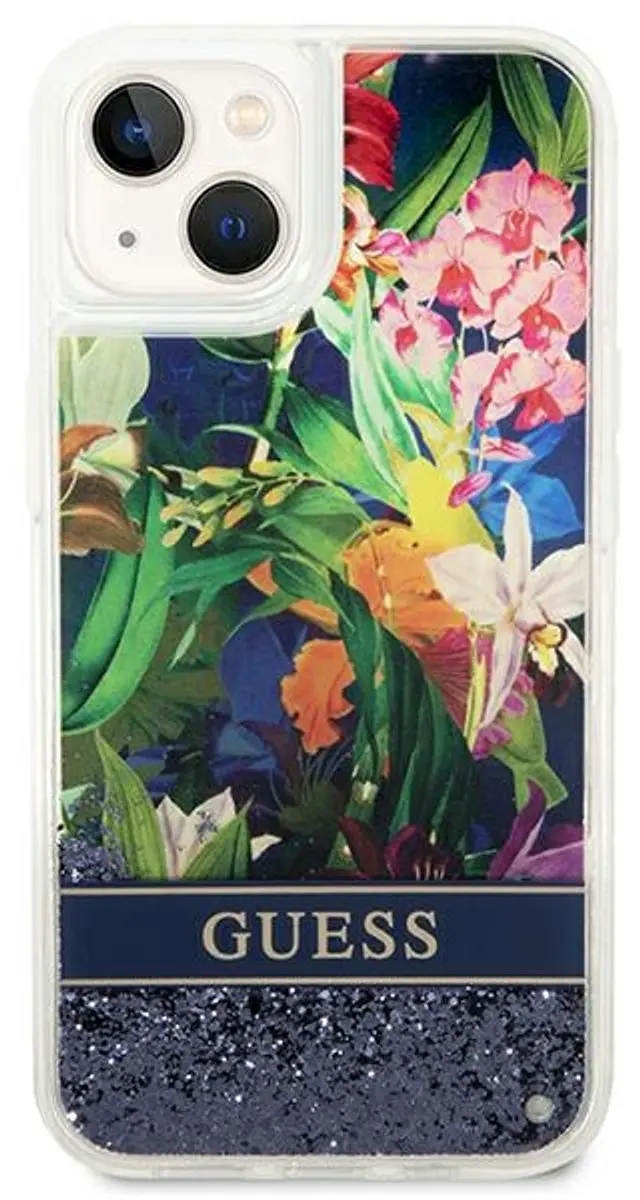GUESS Flower Liquid Glitter iPhone 14 Plus Hoesje - Blauw GUHCP14MLFLSB