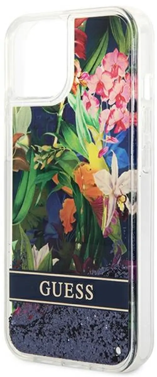 GUESS Flower Liquid Glitter iPhone 14 Plus Hoesje - Blauw GUHCP14MLFLSB