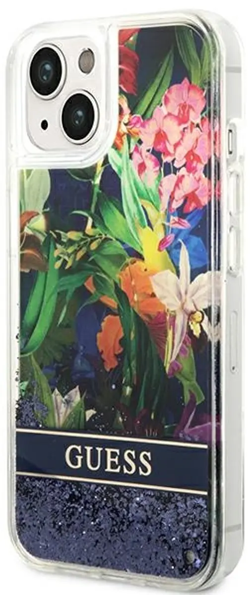 GUESS Flower Liquid Glitter iPhone 14 Plus Hoesje - Blauw GUHCP14MLFLSB
