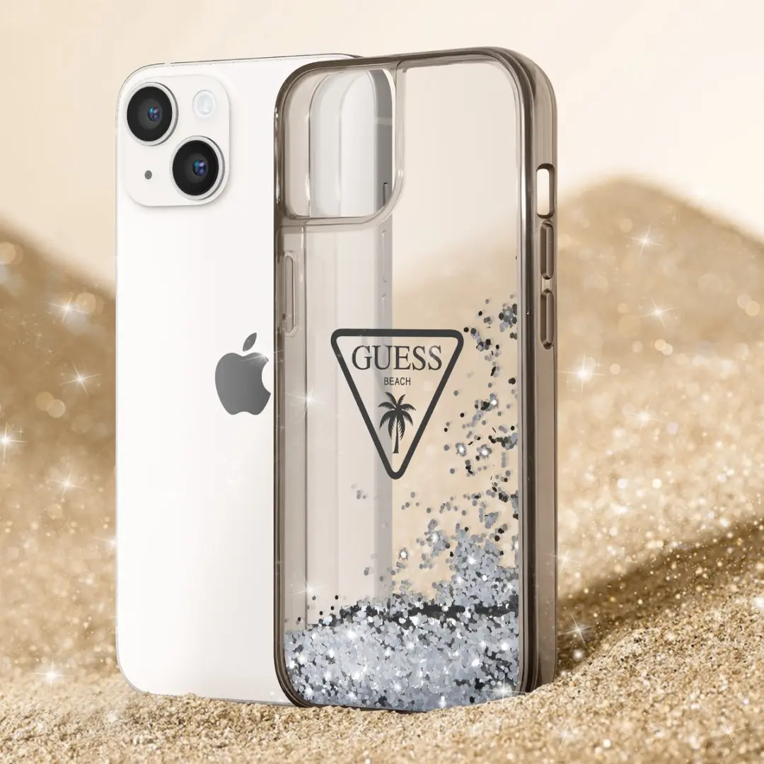 GUESS Liquid Glitter Triangle Back Case iPhone 14 - Zwart/Blauw