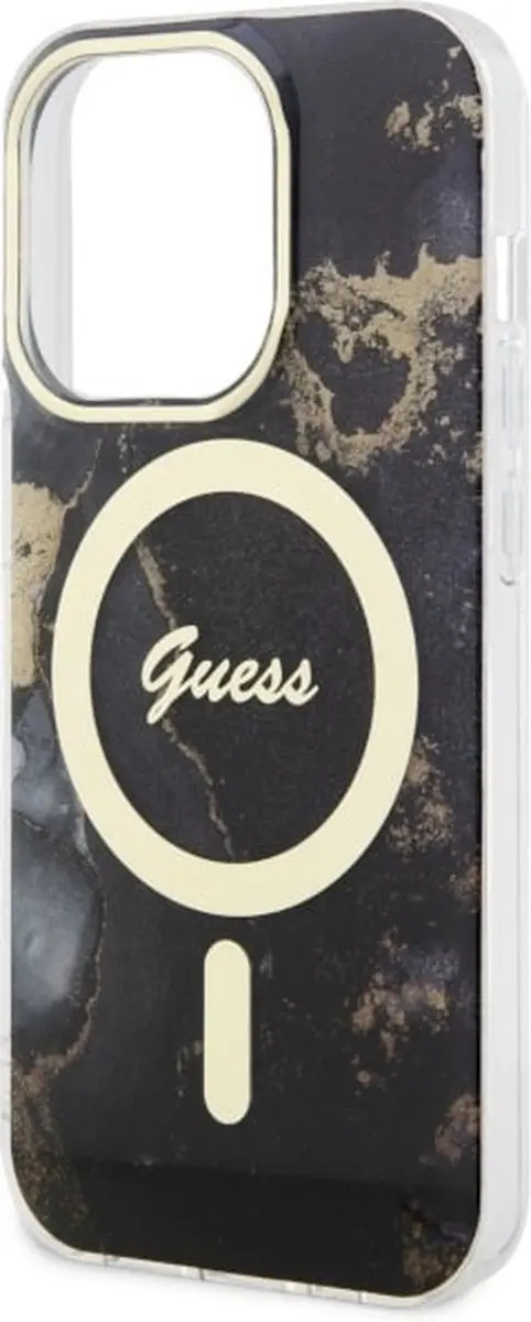 Guess Golden Marble Back Case MagSafe iPhone 14 Pro Max - Zwart