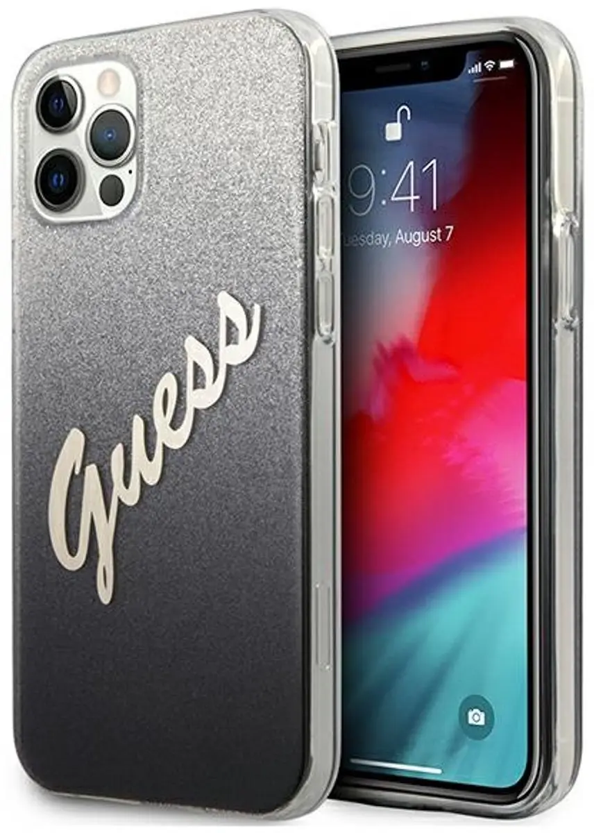 GUESS Gradient Vintage Glitter Back Case - iPhone 12/12 Pro - Zwart