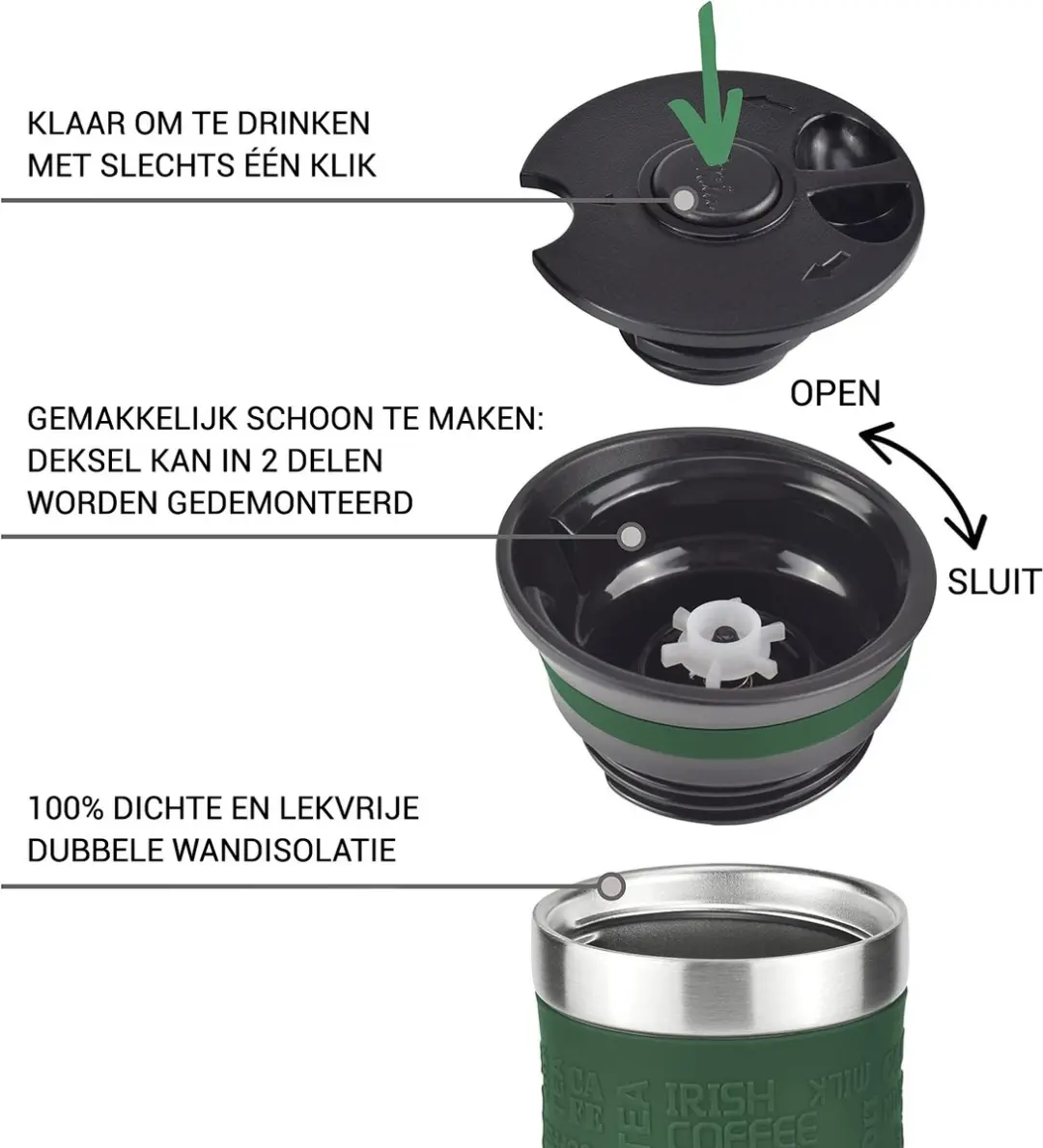 Milu Thermosbeker 450ml - Olijfgroen - Dubbelwandig - Vaatwasserveilig