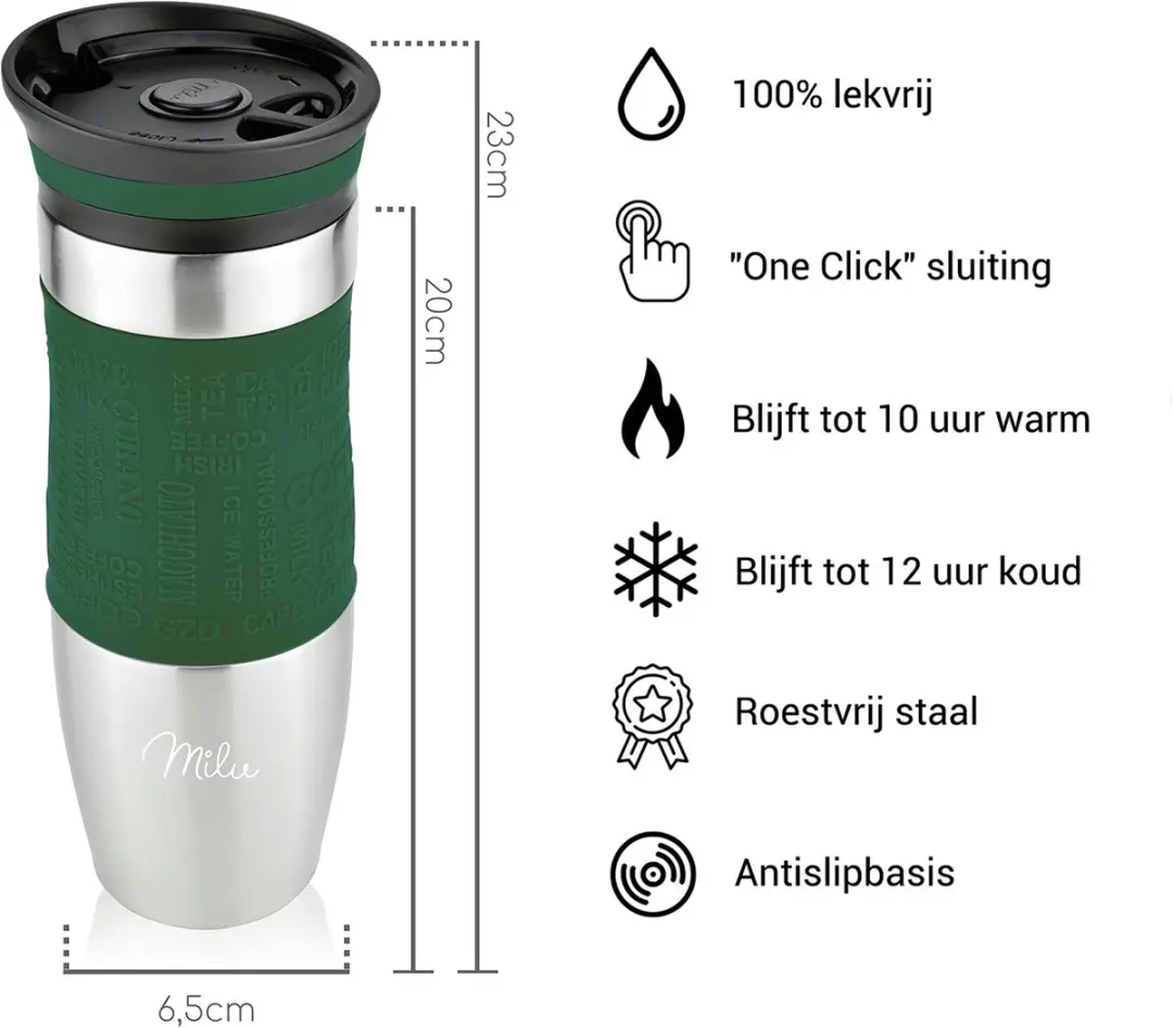 Milu Thermosbeker 450ml - Olijfgroen - Dubbelwandig - Vaatwasserveilig - afbeelding 6 van 6