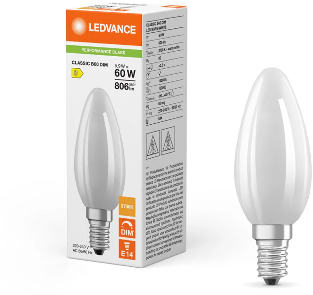LEDVANCE Classic E14 Kaarslamp 5.9W 806lm - Mat - Zeer Warm Wit