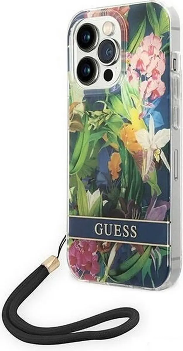 GUESS Flower Back Cover met Strap - iPhone 14 Pro Max - Blauw