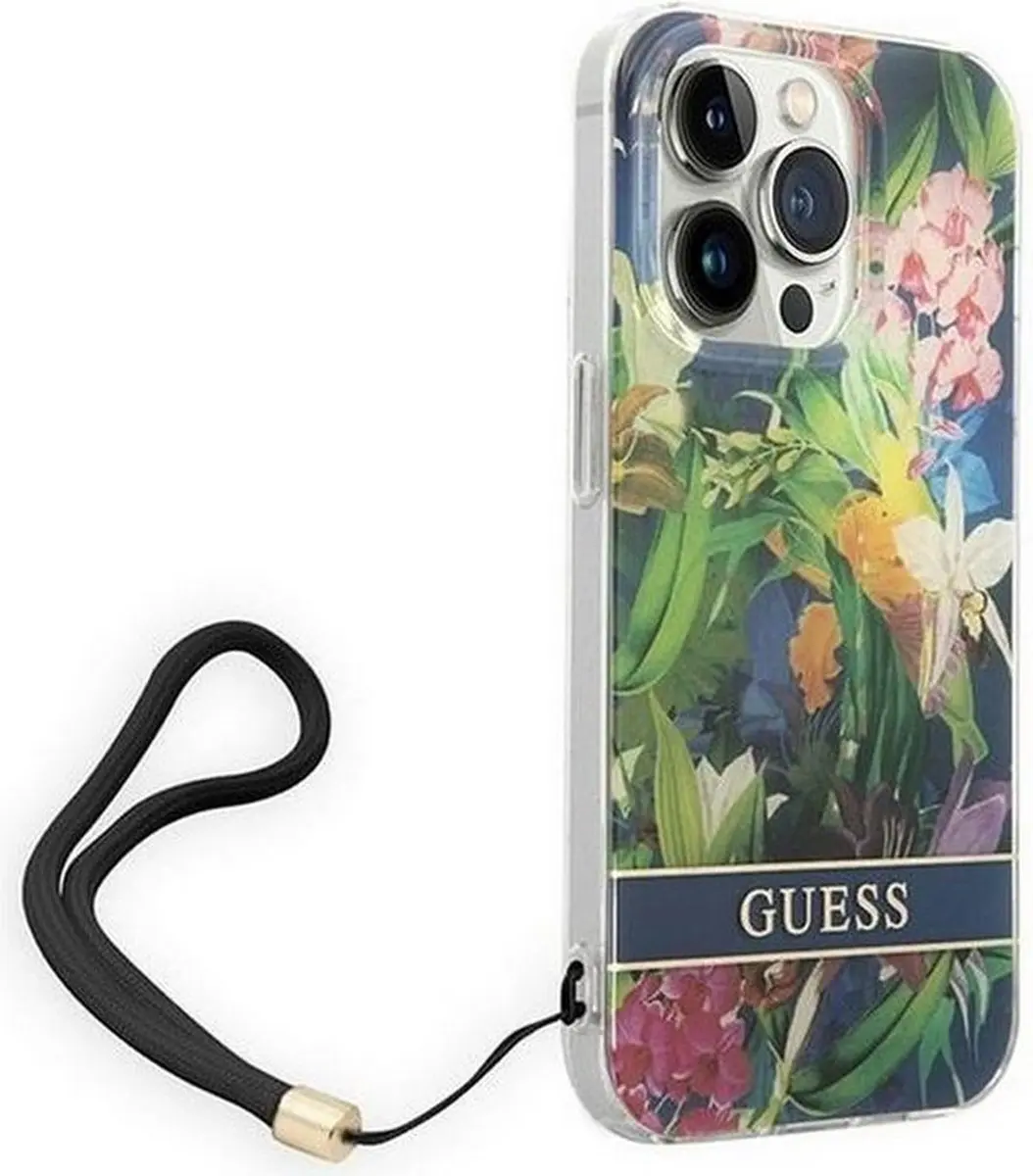GUESS Flower Back Cover met Strap - iPhone 14 Pro Max - Blauw