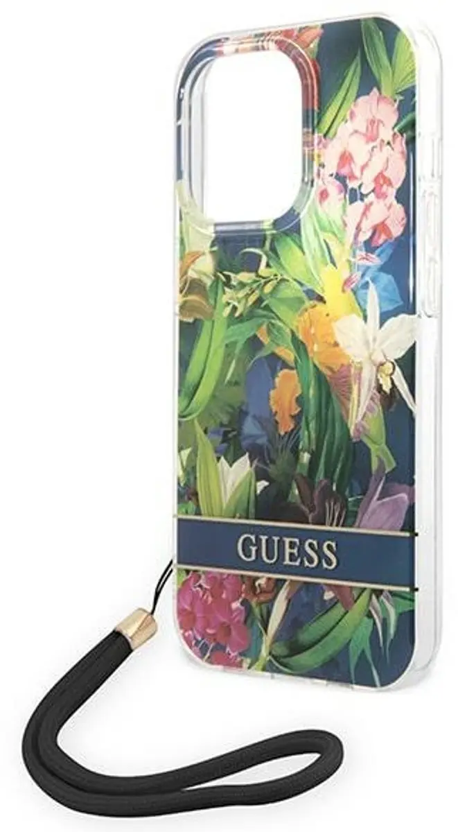 GUESS Flower Back Cover met Strap - iPhone 14 Pro Max - Blauw