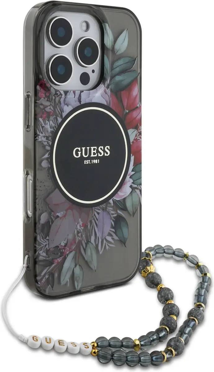 Guess MagSafe IML Flowers Case iPhone 16 Pro - Zwart - GUHMP16LHFWBRCESK