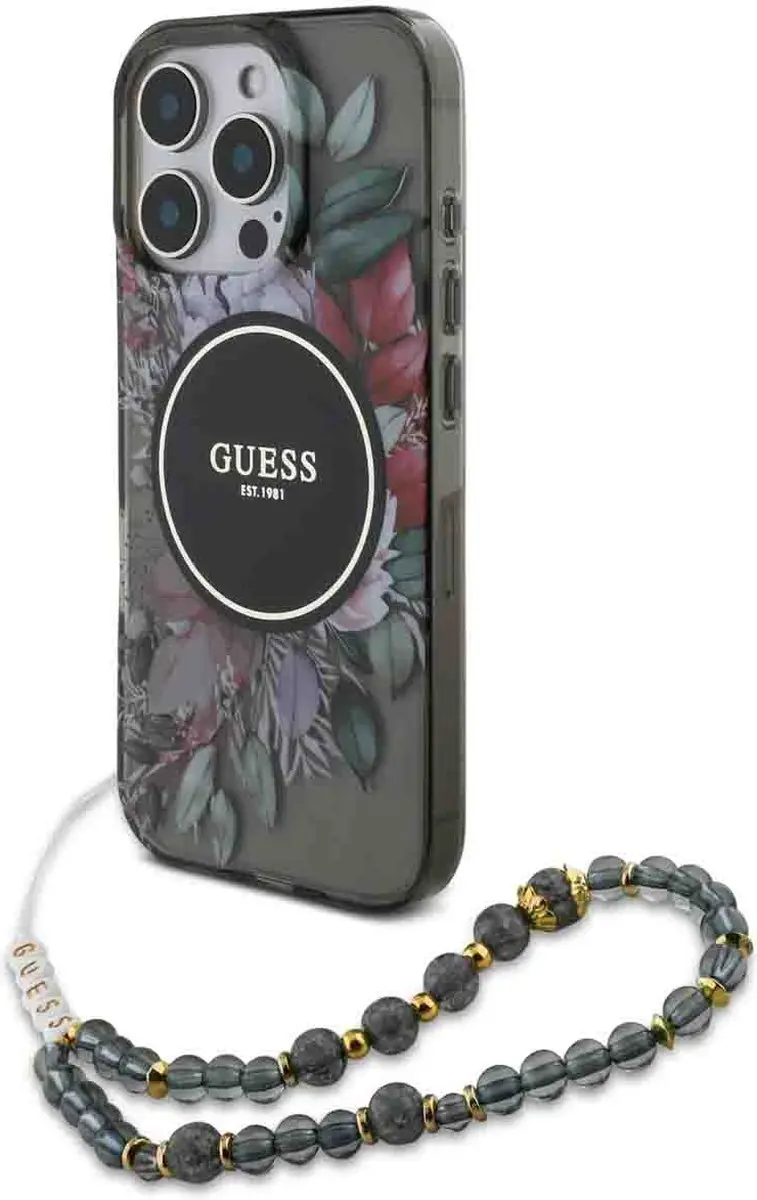 Guess MagSafe IML Flowers Case iPhone 16 Pro - Zwart - GUHMP16LHFWBRCESK