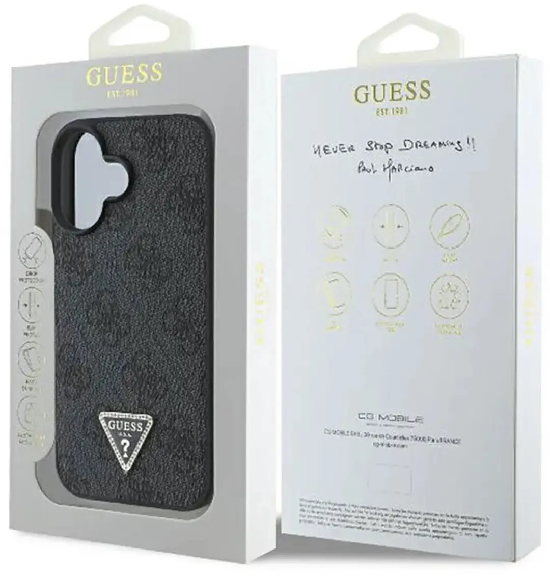 GUESS iPhone 16 Strass Triangle Metallic Hoesje - Zwart