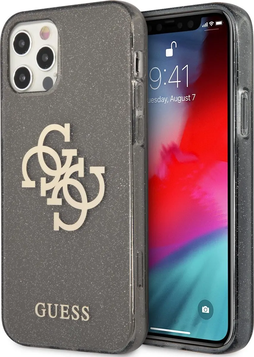 GUESS Hardcase TPU Glitter iPhone 12/12 Pro - Zwart/Transparant