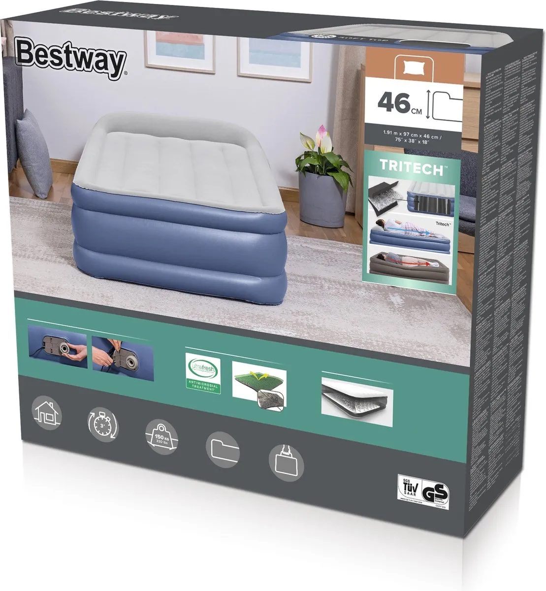 Bestway Tritech Hoog Luchtbed 97cm - Grijs/Blauw