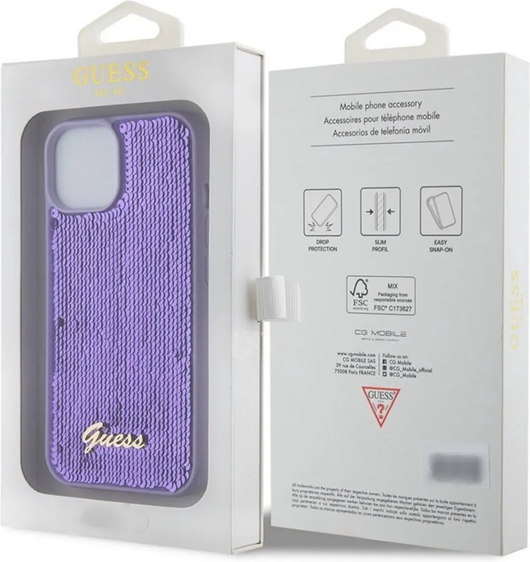 GUESS Sequins Script Logo Hoesje iPhone 15 Plus - Paars - GUHCP15MPSFDGSU